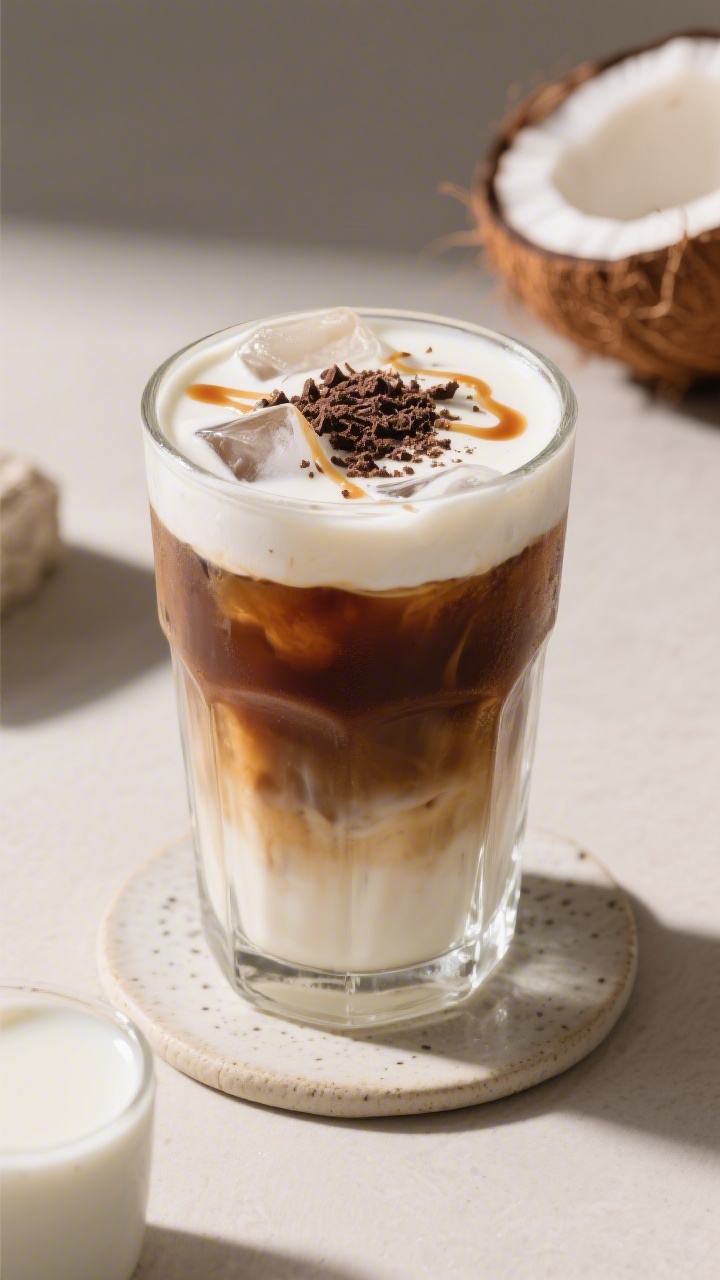 Final dish presentation: Beautifully plated Coconut Cream Iced Coffee served in a clear highball on 