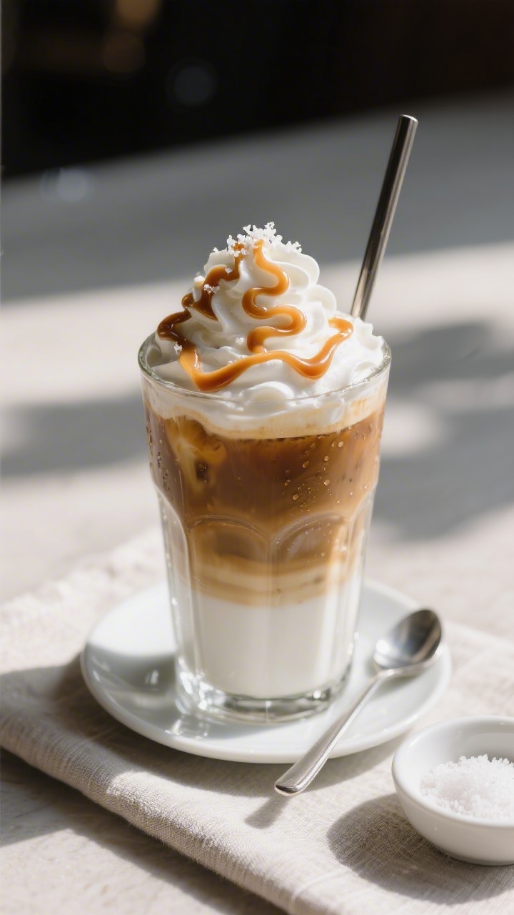 Final dish presentation: Restaurant-quality iced caramel macchiato finished with a light whipped cre