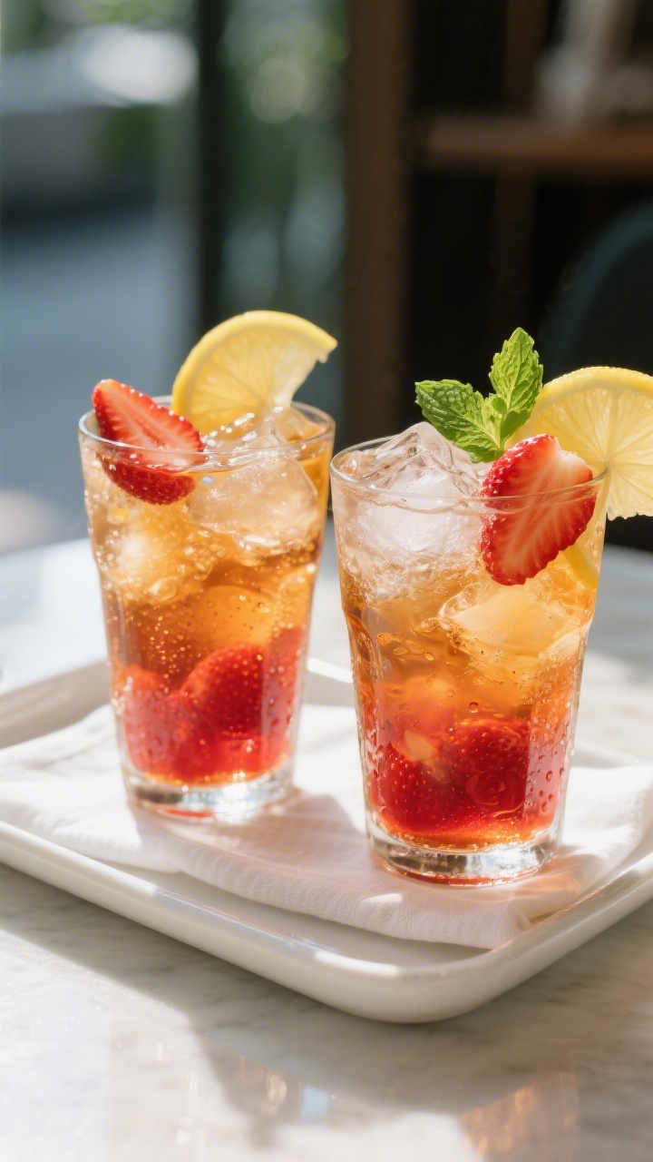 Final drink beauty shot: Tall iced glasses of strawberry iced tea, amber-tea hue blushing into straw