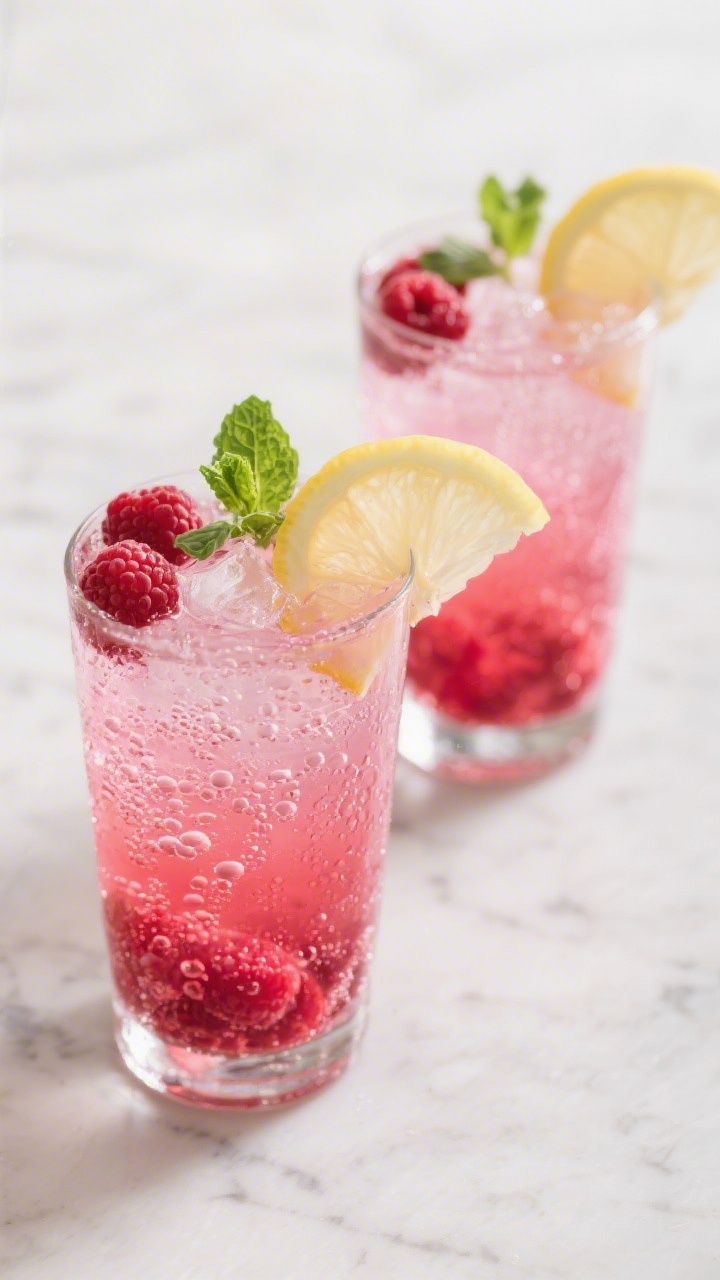 Final drink presentation: Two highball glasses of sparkling raspberry lemonade on a light marble sur
