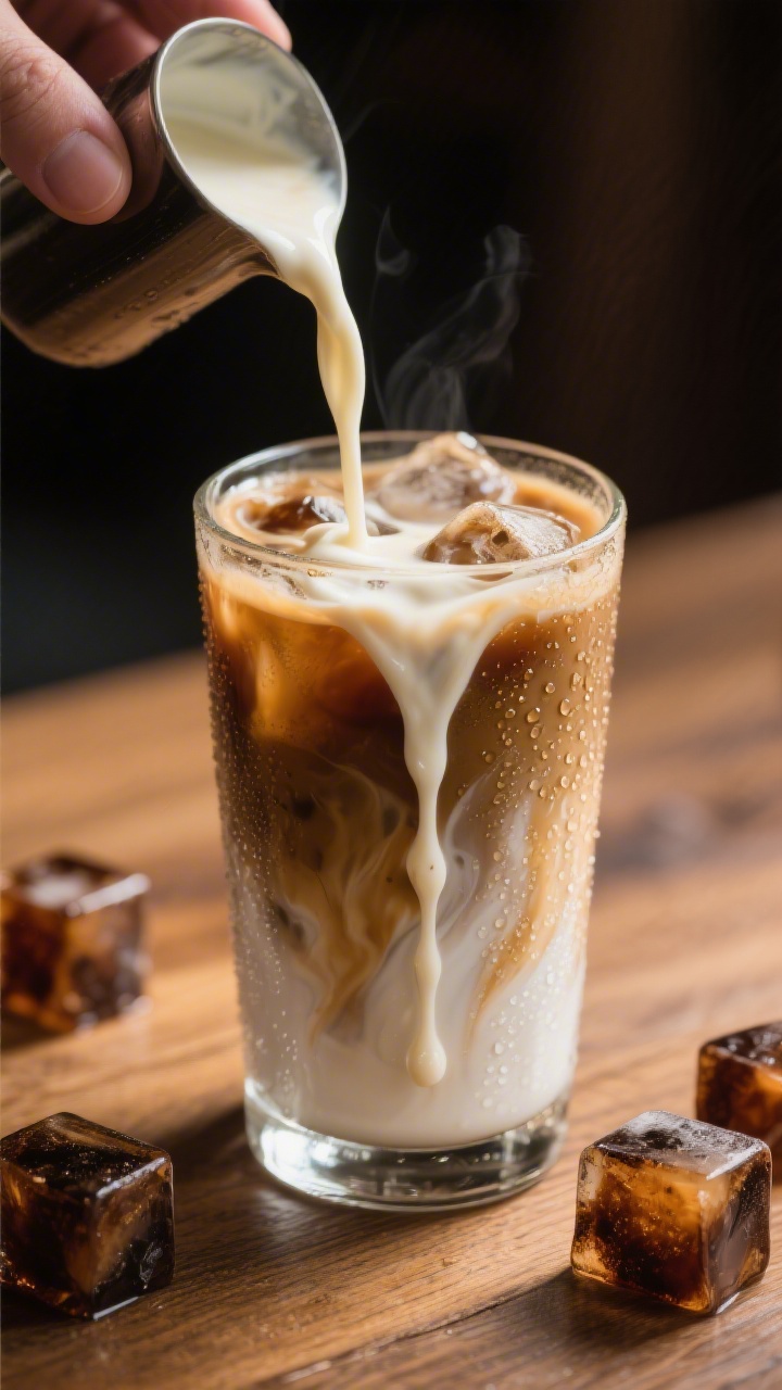 Final presentation: Café-style Vanilla Sweet Cream Latte variation—iced coffee base in a highball