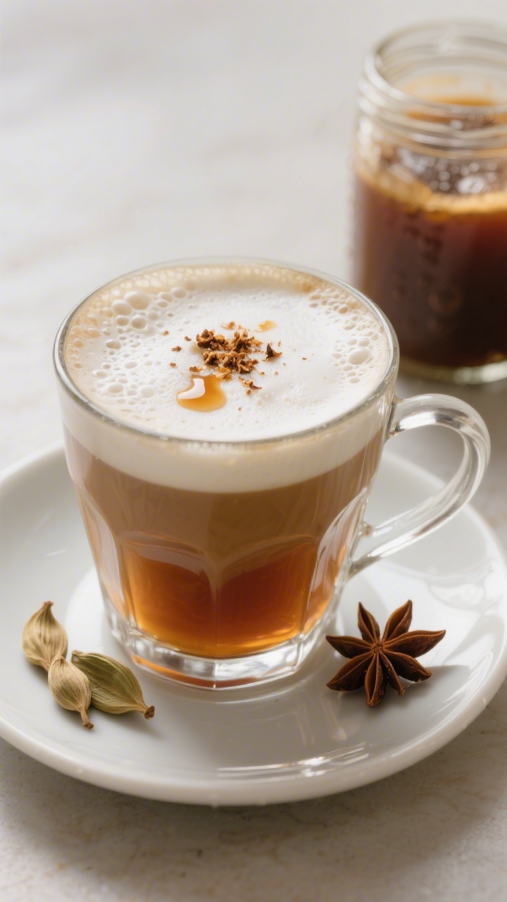 Final presentation, close-up: Café-style chai latte poured into a clear glass mug to showcase the g