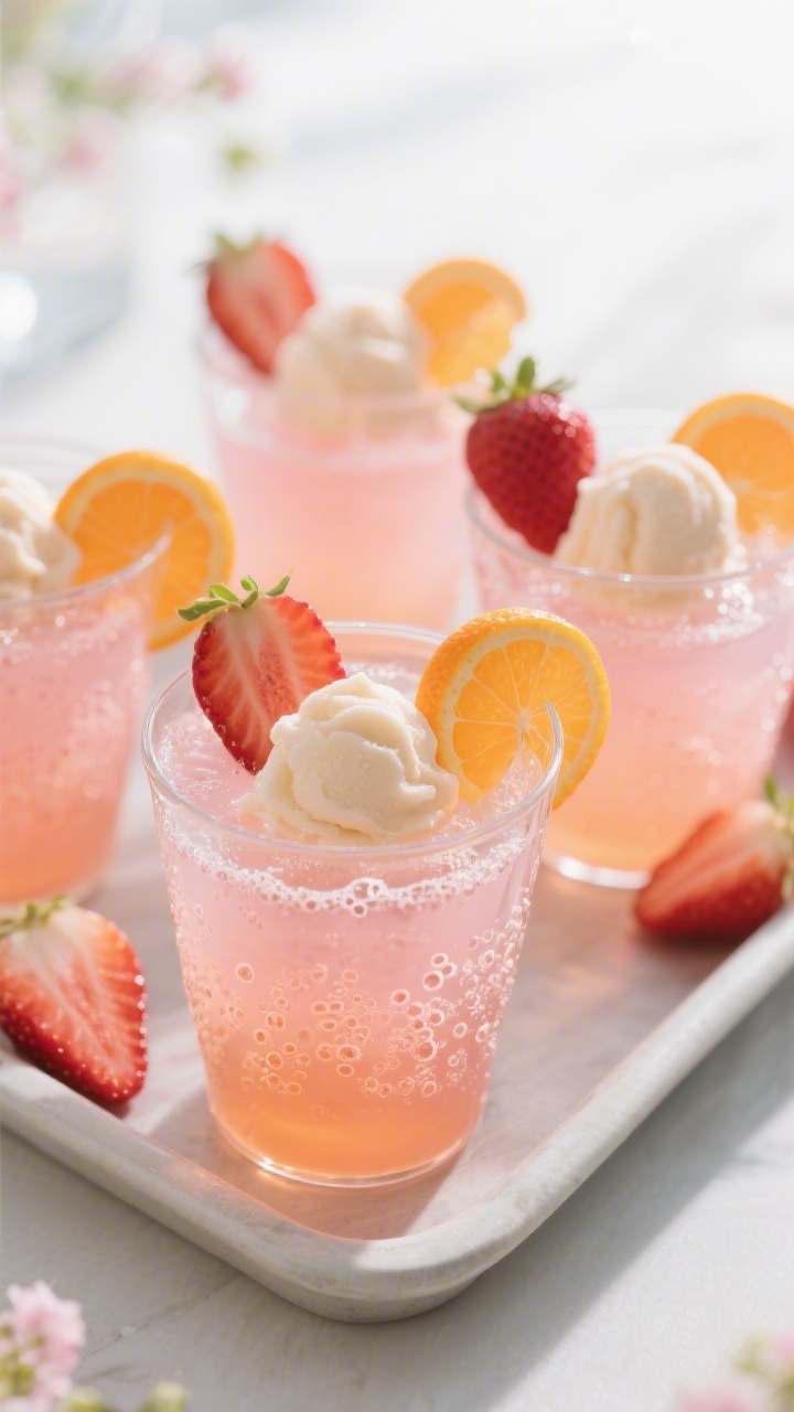 Final presentation: Elegant individual servings of Easter Punch in clear punch cups, each with a min