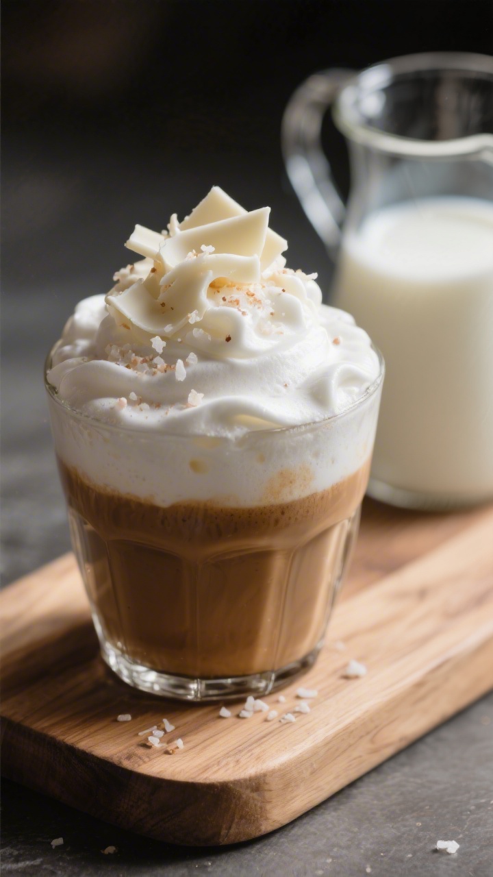 Final presentation hero: Cafe-style White Chocolate Mocha on a small wooden board, creamy milk foam 
