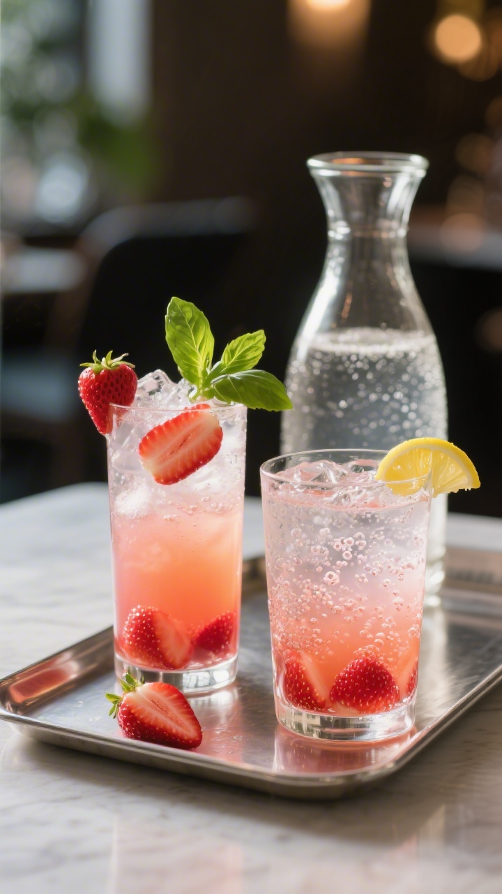 Final presentation: Sparkling strawberry lemonade served two ways on a modern tray—one classic ove