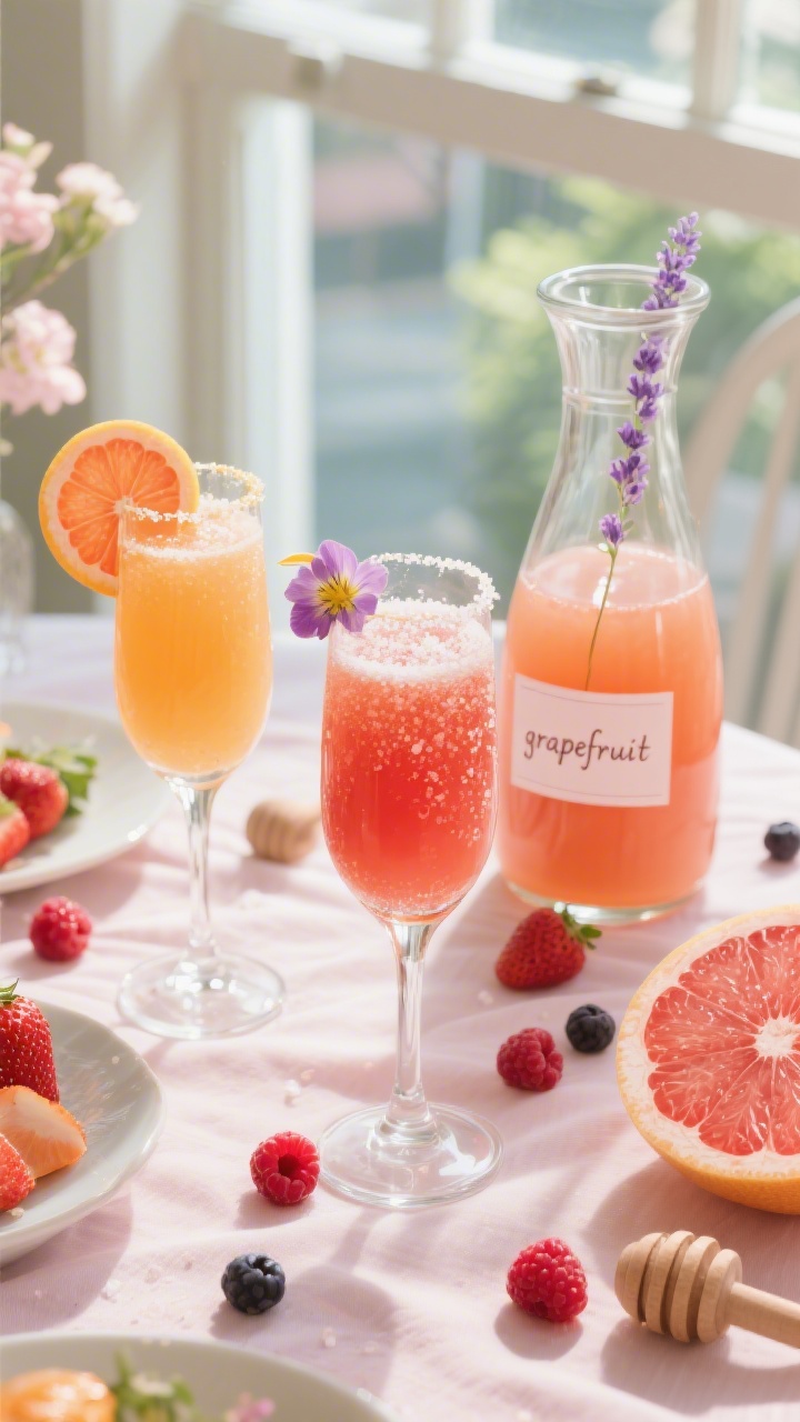 Final presentation spread: Overhead brunch scene featuring a trio of finished mimosas—classic oran