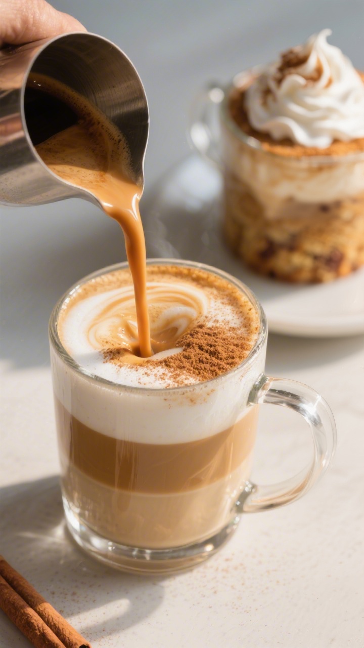 Final presentation, three-quarter angle hero shot of the assembled Carrot Cake Latte being poured: g