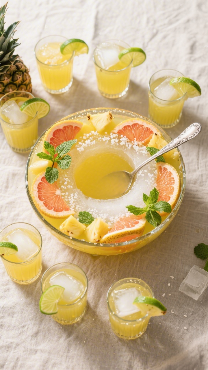 Overhead final presentation: A vibrant punch bowl top-down shot with a slow-melting ice ring studded