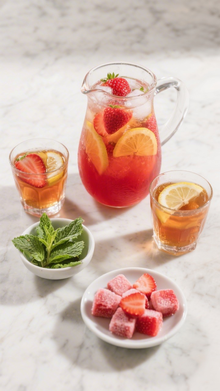 Overhead serving scene: of a chilled glass pitcher of strawberry iced tea alongside two filled rocks