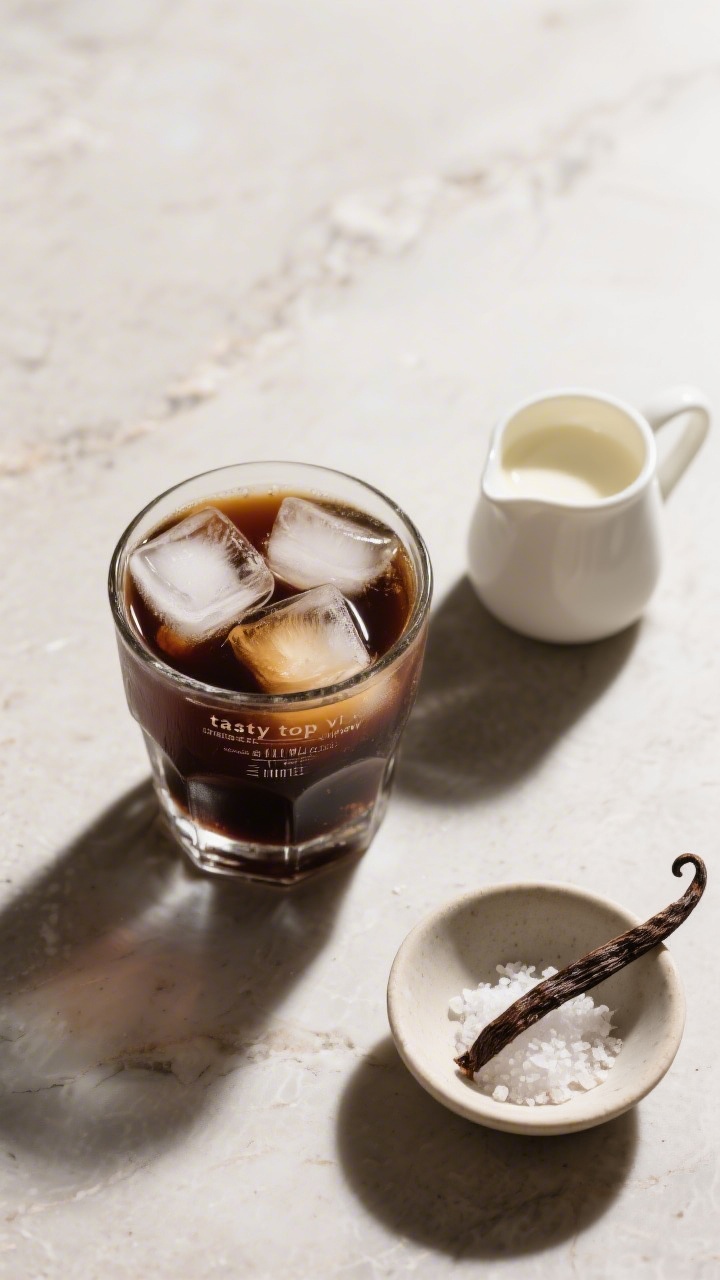 Overhead “tasty top view”: A neat workspace scene showing the assembly stage—rocks glass fille