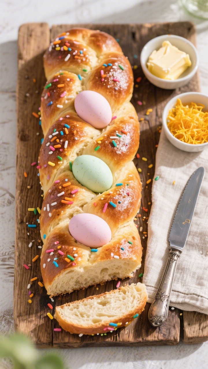 Overhead “tasty top view” of a large braided Italian Easter bread centerpiece on a rustic wooden