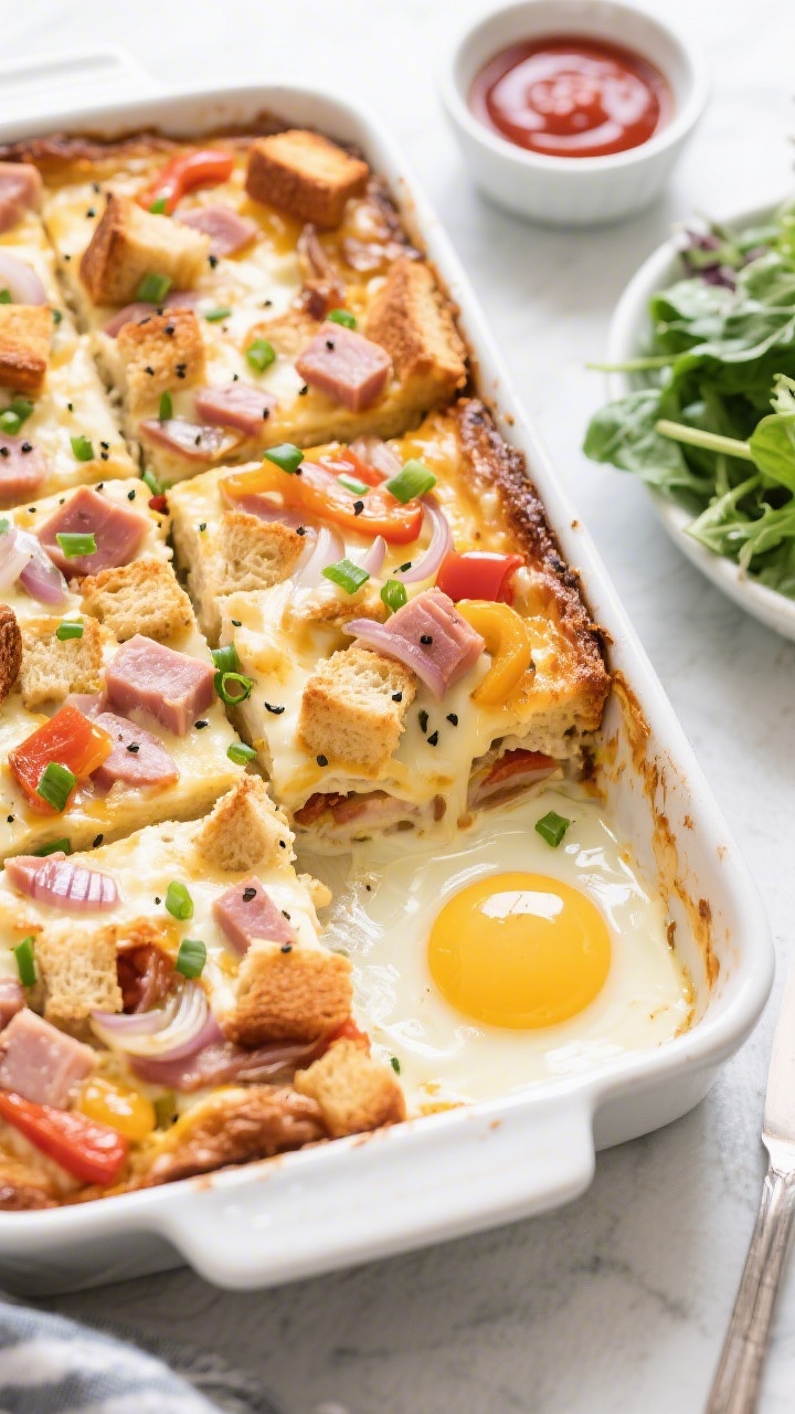 Overhead “tasty top view” of the casserole sliced into neat squares in a 9x13 baking dish, showi