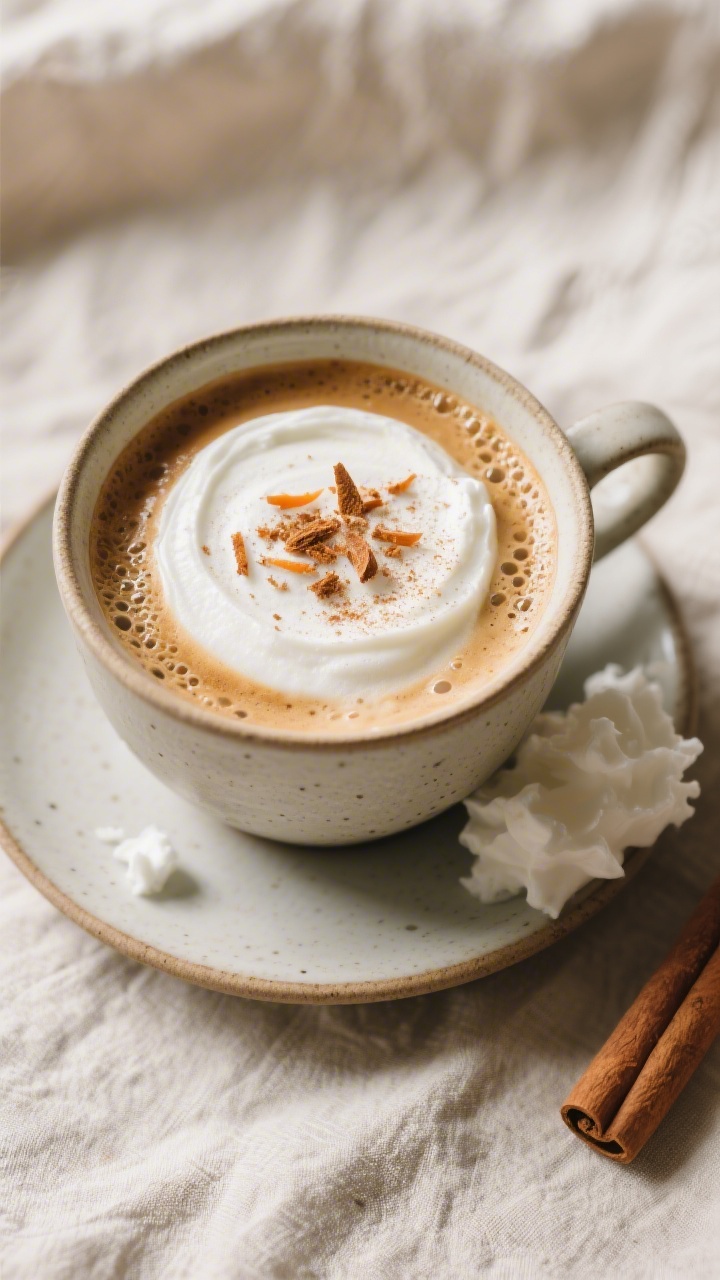 Overhead “tasty top view” of the finished Carrot Cake Latte in a wide ceramic mug, topped with a