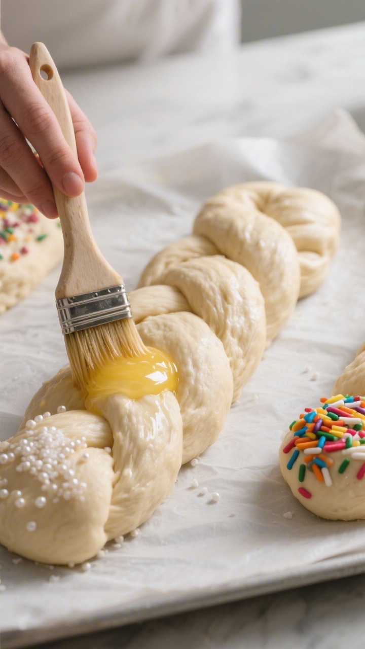 Process-focused close-up of the second rise stage: shaped three-strand braid arranged on a parchment