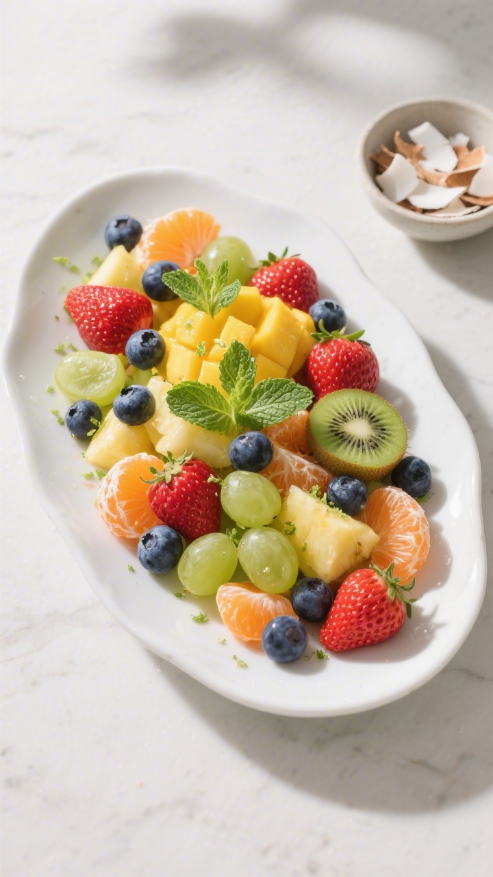 Tasty top view/final presentation: Overhead shot of the finished Easter Fruit Salad beautifully pres