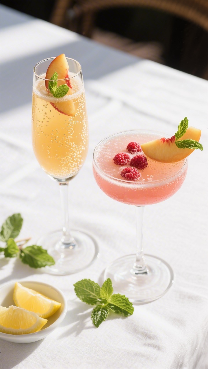 Tasty top view: Overhead final presentation of two Peach Bellini Mocktails in tall flutes with thin 