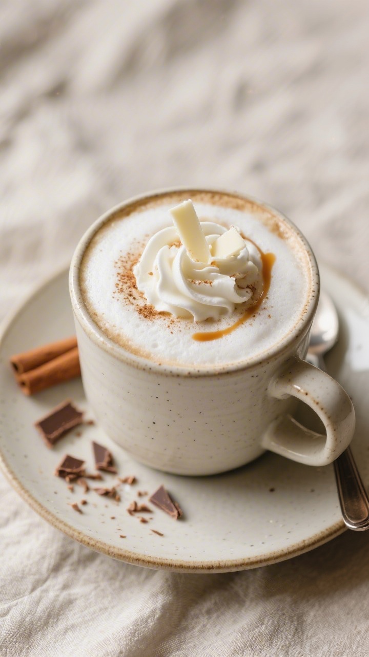 Tasty top view: Overhead shot of a finished White Chocolate Mocha in a wide ceramic mug, topped with
