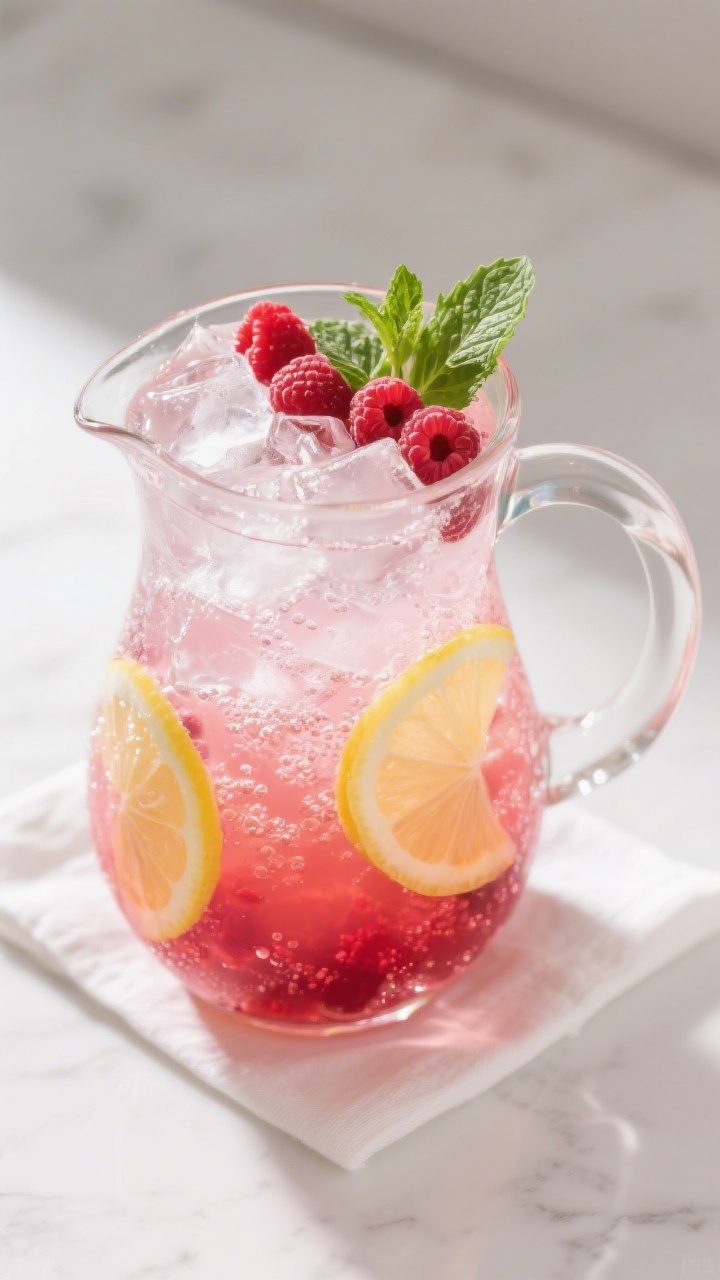 Tasty top view: Overhead shot of a large glass pitcher just before serving—ice cubes shimmering, e
