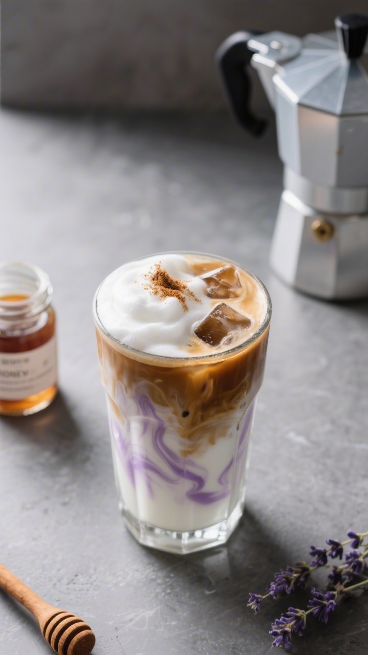 Tasty top view: Overhead shot of an iced honey lavender latte—ice-cold milk marbling into 1–2 sh