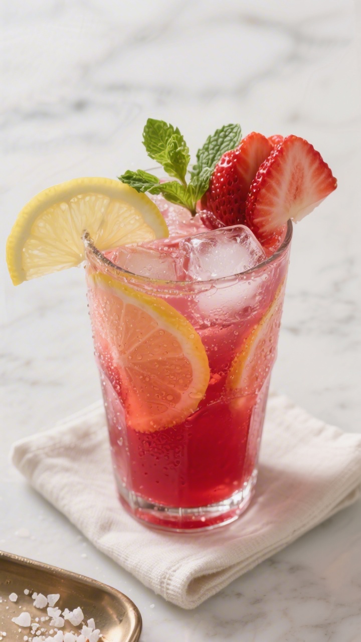 Tasty top view: Overhead shot of iced strawberry lemonade in a highball glass, deep ruby-pink hue wi