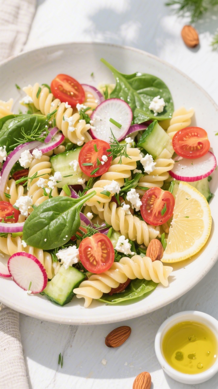 Tasty top view: Overhead shot of Spring Vegetable Pasta Salad in a wide, matte white serving bowl—