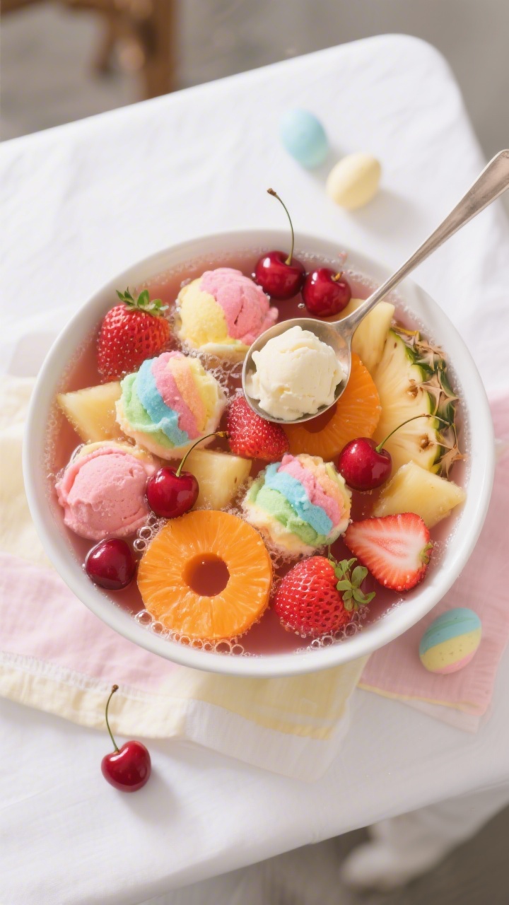 Tasty top view: Overhead shot of the finished Easter Punch with Sherbet, showing a mosaic of rainbow