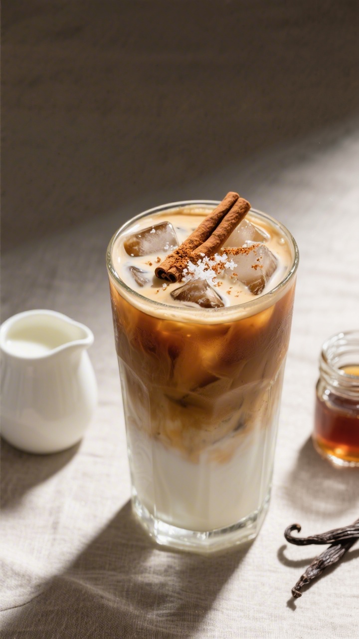 Tasty top view: Overhead shot of the finished Iced Vanilla Latte—tall glass packed with large ice,
