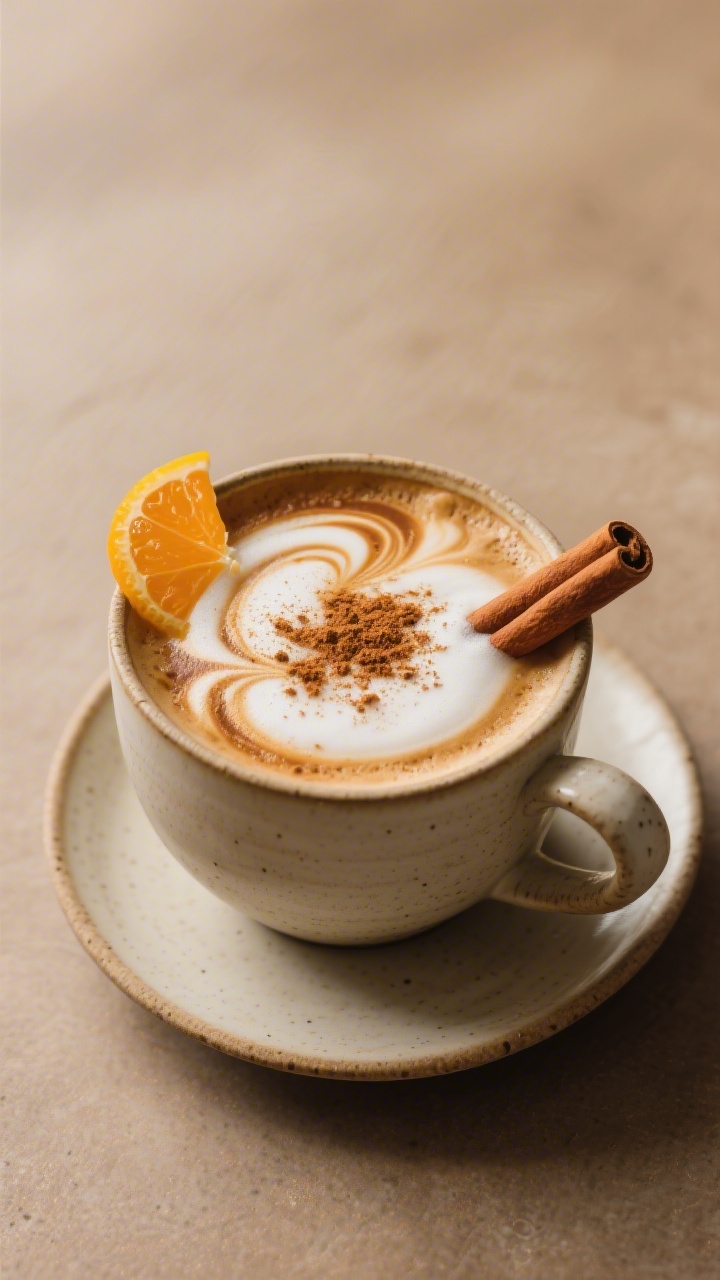 Tasty top view, overhead shot: Overhead shot of a just-frothed homemade chai latte in a wide ceramic