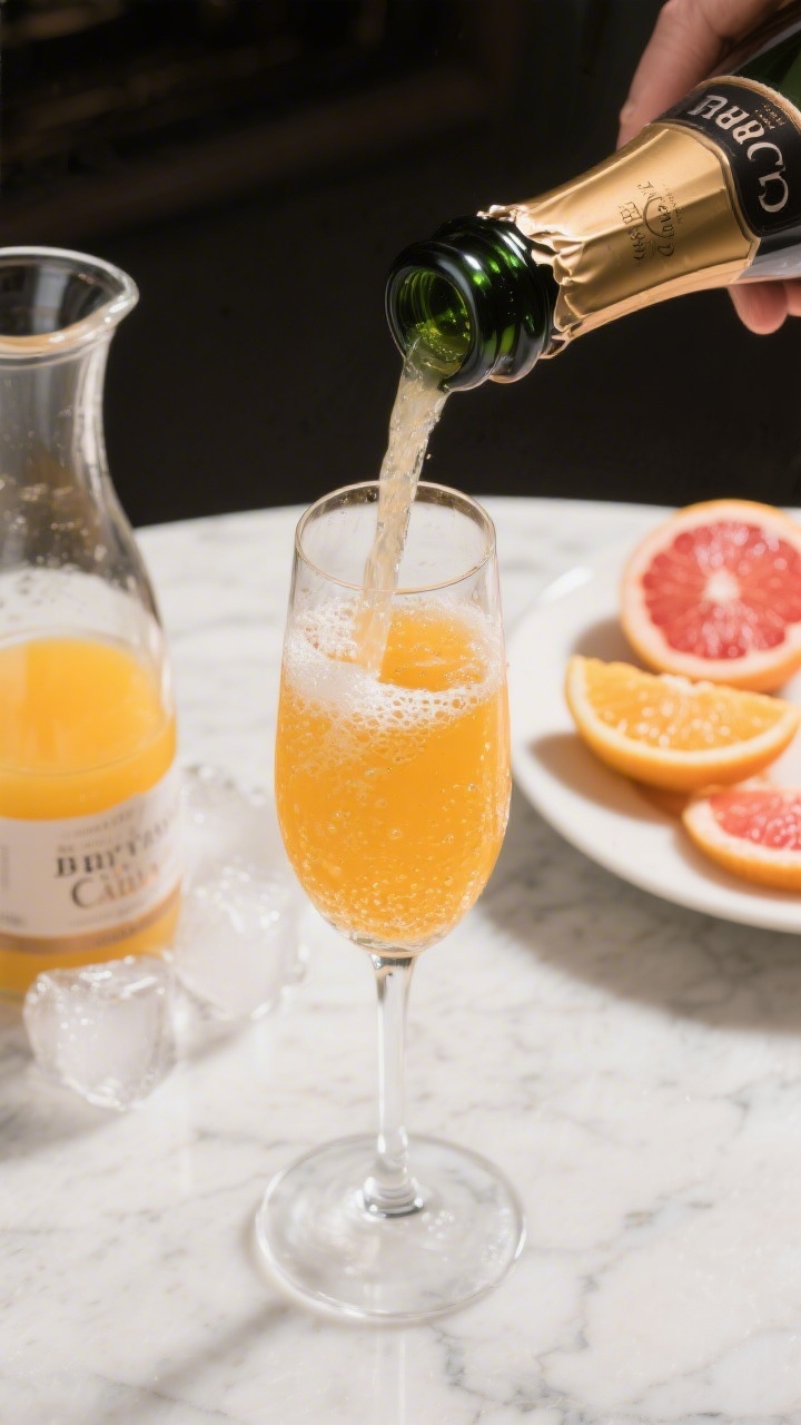 Tasty top-view process shot: Overhead image of a chilled glass being topped with bright orange juice