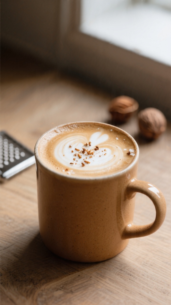 Close-up detail: A freshly finished Vanilla Nutmeg Latte in a warm ceramic mug, silky microfoam pile