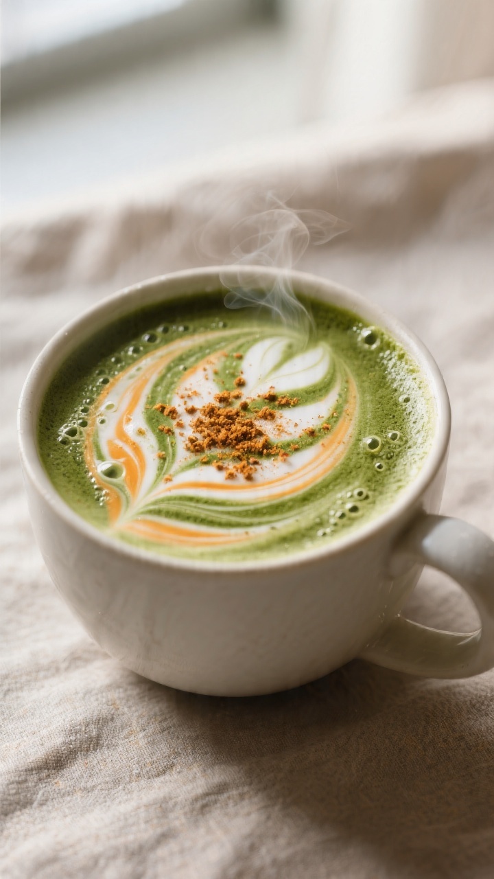 Close-up detail: A steaming Pumpkin Spiced Matcha Latte just combined in the mug—silky pumpkin-inf