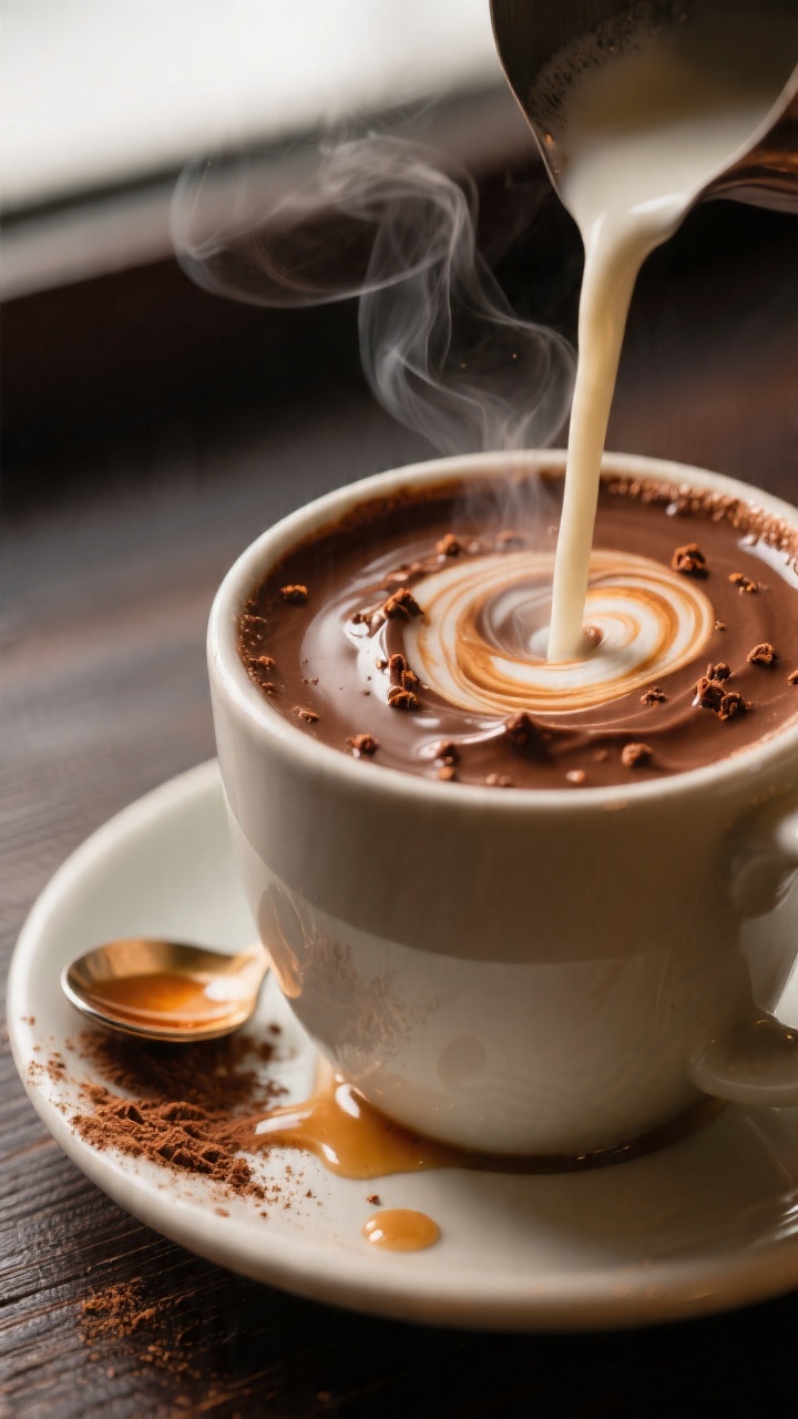 Close-up detail: A steaming Red Maple Cinnamon Mocha mid-prep, cocoa–maple–cinnamon paste in the