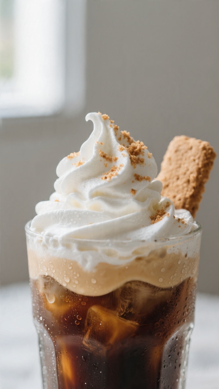 Close-up detail: Marshmallow whipped cream cascading over a glass of prepared Marshmallow Cold Brew,