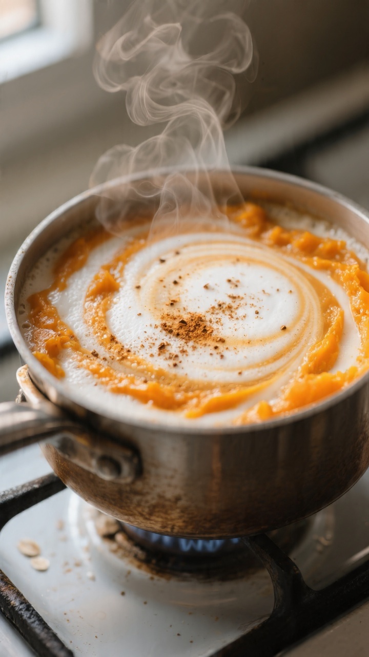 Close-up detail: Steaming pumpkin-milk mixture just frothed to a silky, microfoam texture in a small