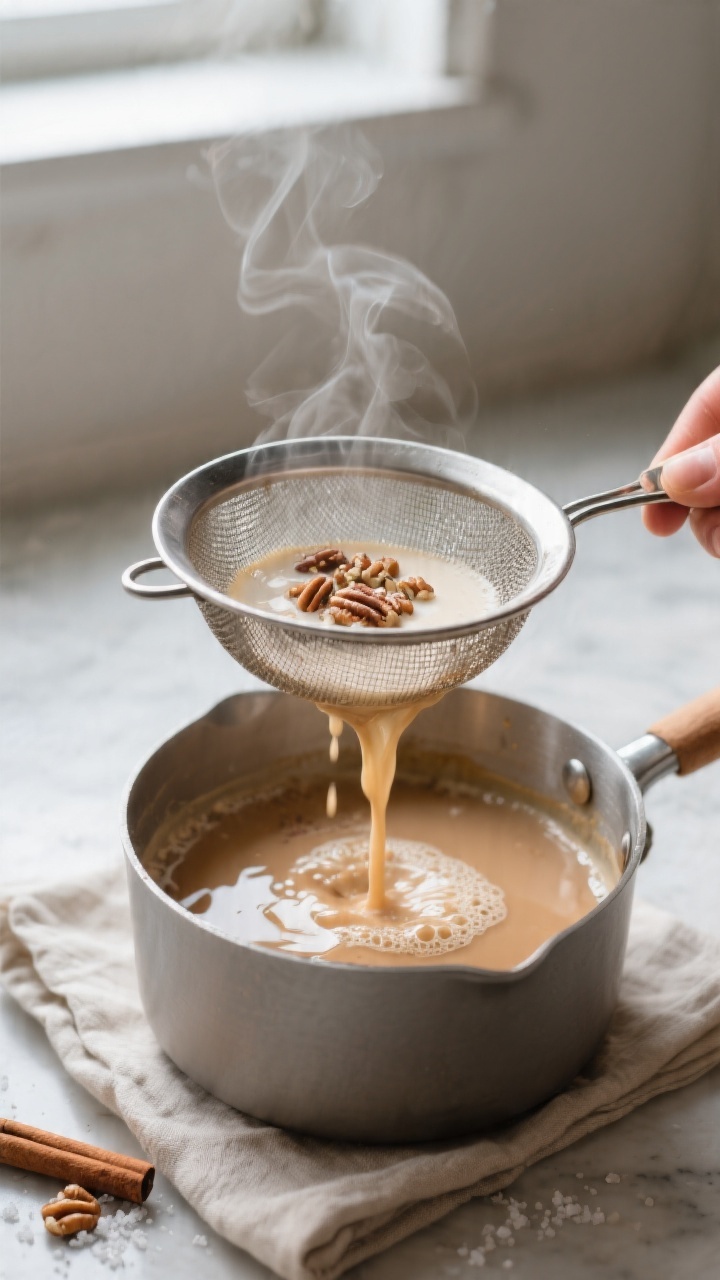 Close-up process shot: Warm maple-pecan milk being poured through a fine-mesh strainer back into a s