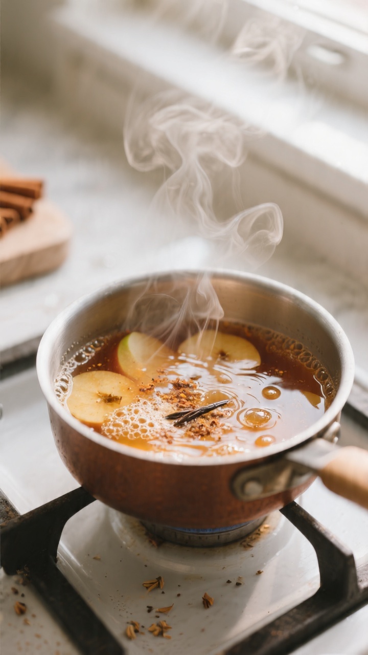 Cooking process, close-up detail: A small saucepan of simmering apple-cinnamon base mid-cook, amber 