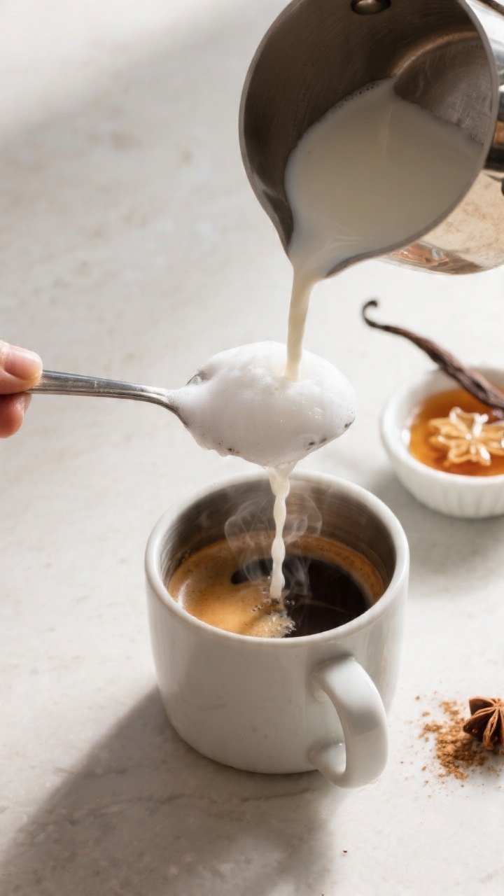 Cooking process: Overhead shot of hot milk being frothed to fine, silky foam in a small saucepan nex