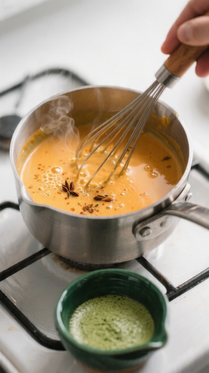 Cooking process: The pumpkin milk base being whisked in a small saucepan—creamy orange-gold milk w