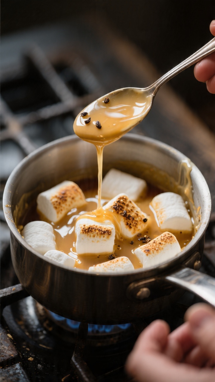 Cooking process: Toasted marshmallows just melted into a glossy marshmallow syrup in a small saucepa