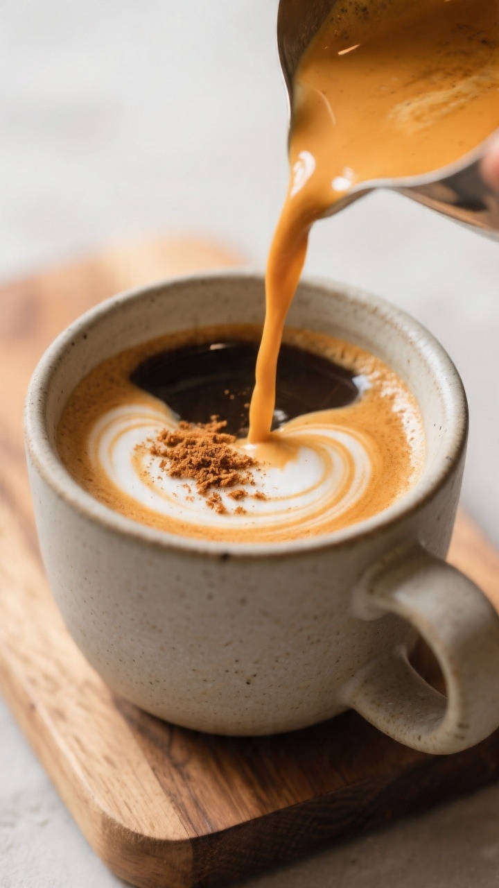 Final dish presentation: Barista-style Pumpkin Spice Latte mid-pour as the foamy pumpkin milk cascad