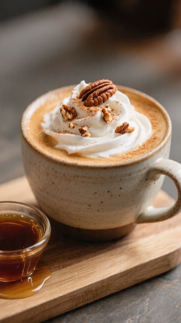 Final latte hero shot: Maple Pecan Latte in a wide ceramic mug, topped with a soft swirl of whipped 