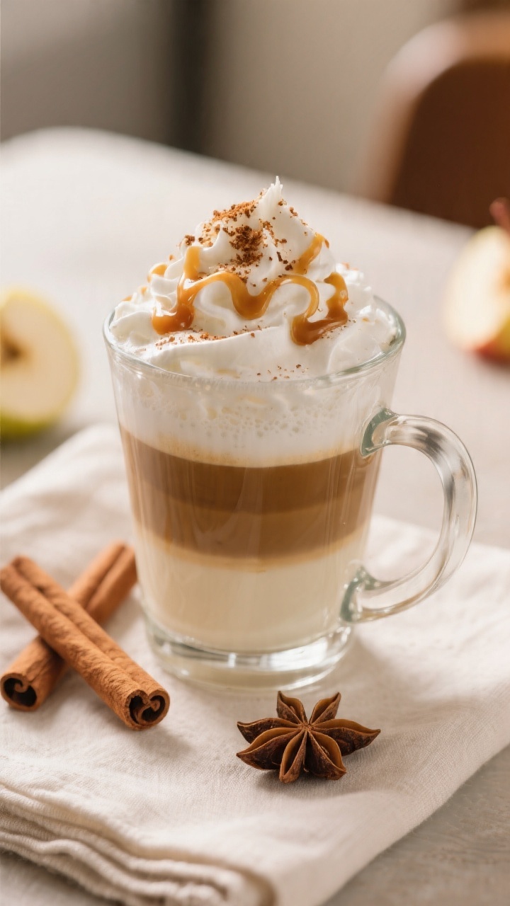 Final presentation, close-up hero: Beautifully plated Apple Cinnamon Latte finished with a cloud of 