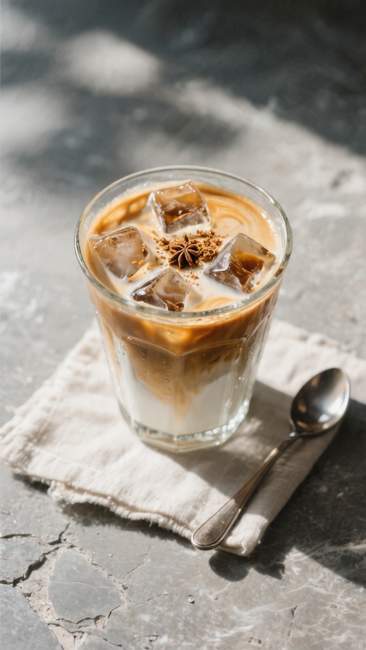 Final presentation: Tasty top view of an iced Vanilla Nutmeg Latte in a clear glass filled with clin