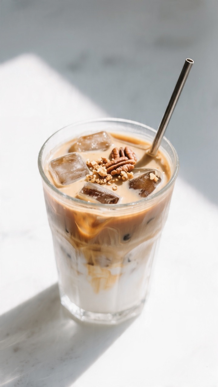 Overhead, tasty top view: Iced Maple Pecan Latte variation in a clear glass filled with clinking ice
