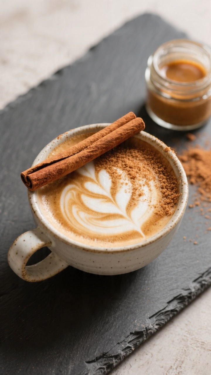 Tasty top view, overhead: Overhead shot of an Apple Cinnamon Latte in a wide ceramic mug, creamy ste