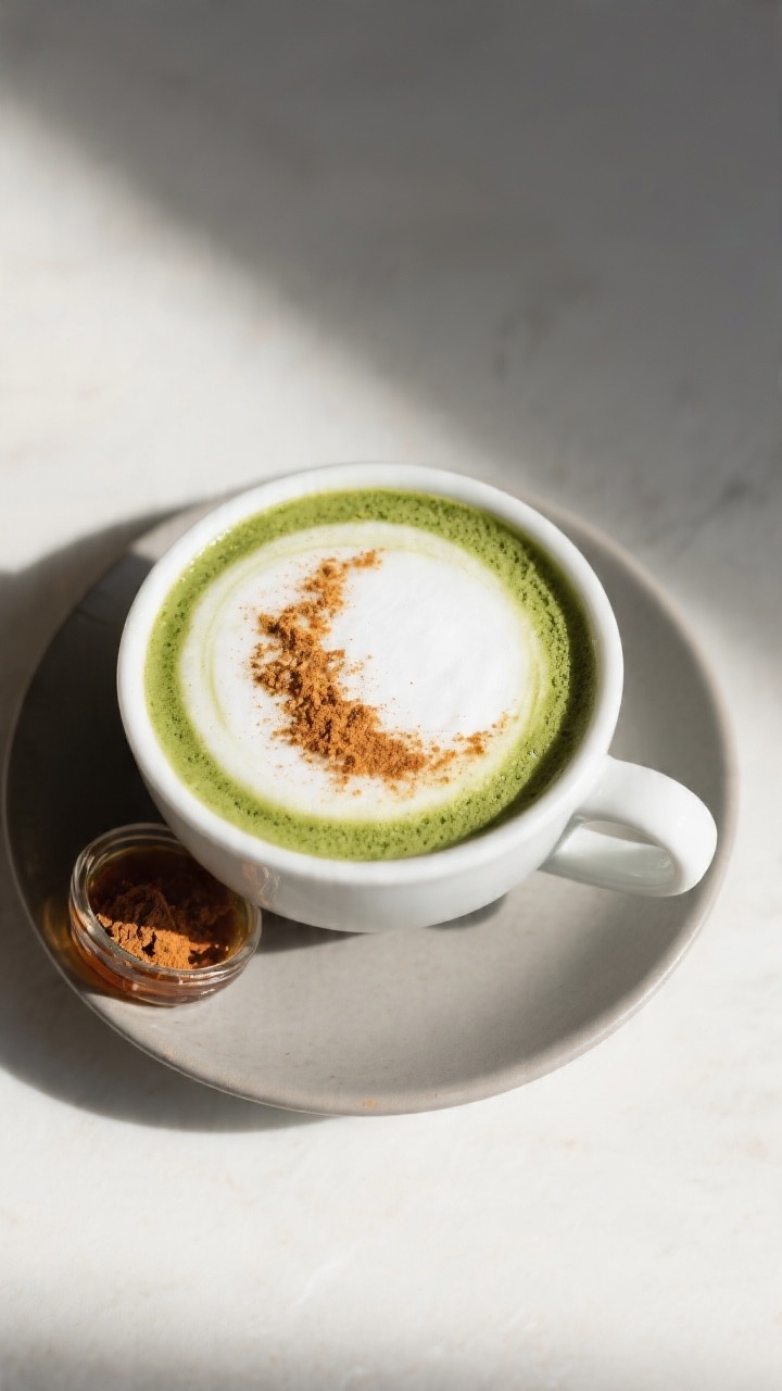 Tasty top view: Overhead shot of a finished hot Pumpkin Spiced Matcha Latte with a thick cap of velv