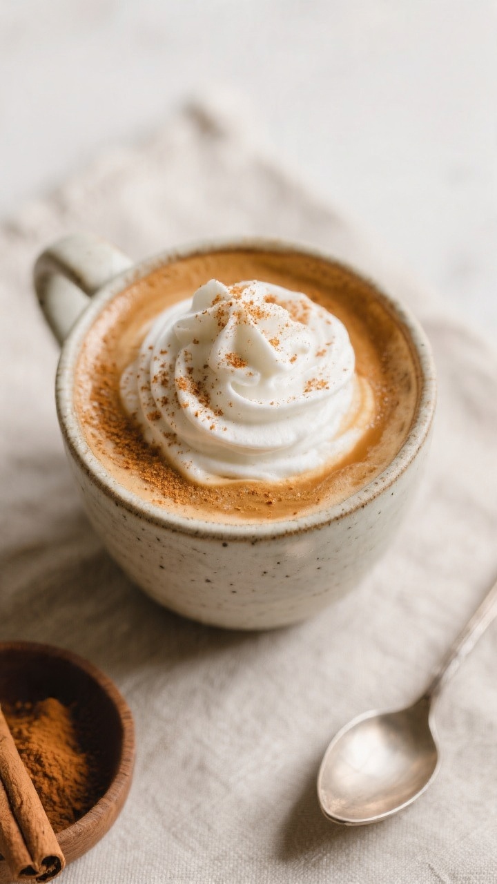 Tasty top view: Overhead shot of a finished Pumpkin Spice Latte in a wide ceramic mug, topped with a