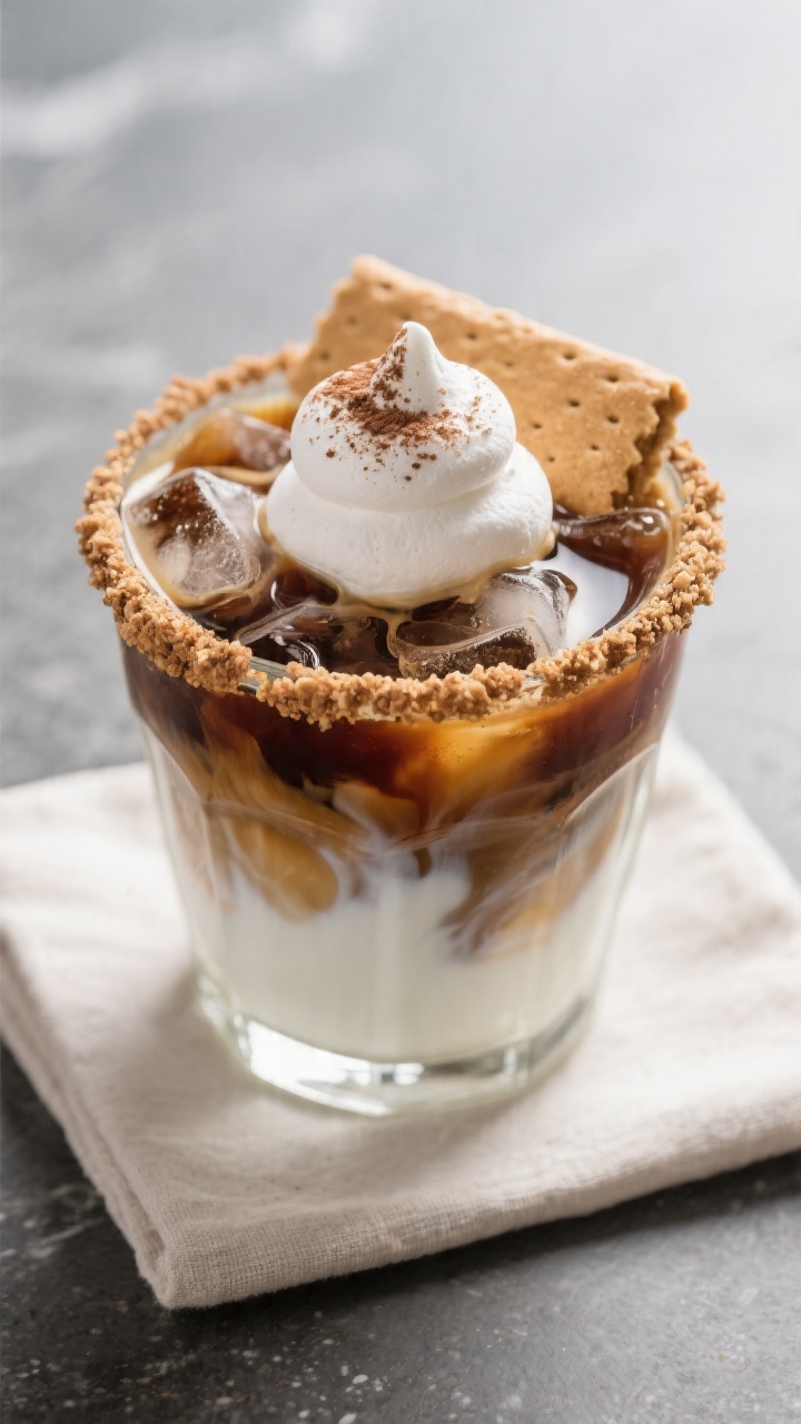 Tasty top view: Overhead shot of the final Marshmallow Cold Brew built over ice—distinct layers of