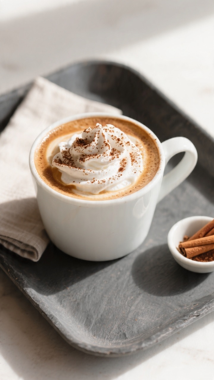 Tasty top view: Overhead shot of the finished Red Maple Cinnamon Mocha in a wide white mug, crowned 